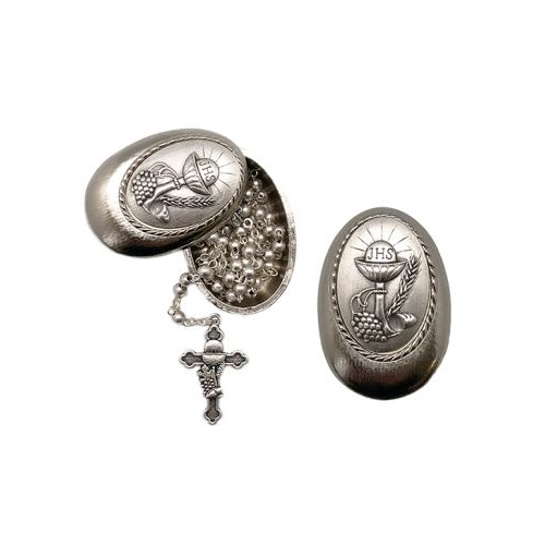 COMMUNION METAL ROSARY IN SILVER CASE