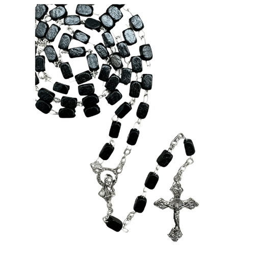 ROSARY BEADS WITH WOODEN RECTANGLE BEADS BOXED BLACK