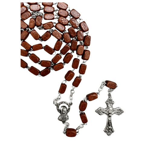 ROSARY BEADS WITH WOODEN RECTANGLE BEADS BOXED BROWN