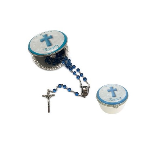 MY FIRST ROSARY GLASS BLUE IN PORCELAIN BOX