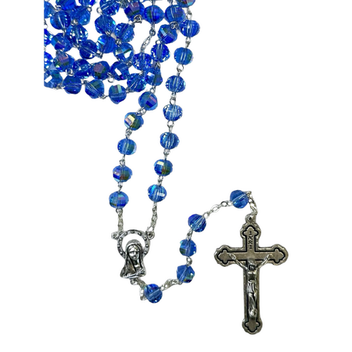 ROSARY WITH 10MM GLASS CRYSTAL BEADS BLUE