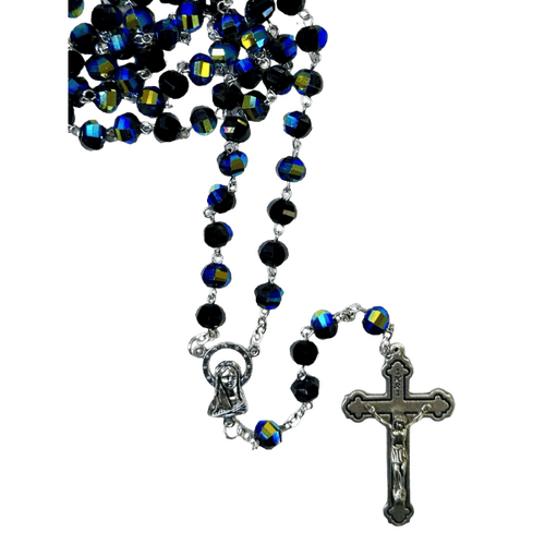ROSARY WITH 10MM GLASS CRYSTAL BEADS BLACK