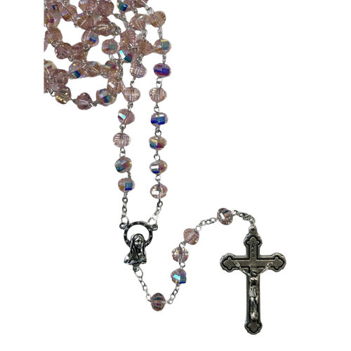 ROSARY WITH 10MM GLASS CRYSTAL BEADS PINK