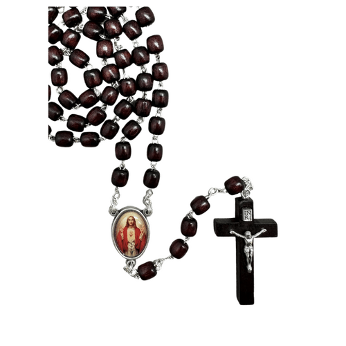 ROSARY WOOD CYLINDER BEAD SACRED HEART JESUS MEDAL