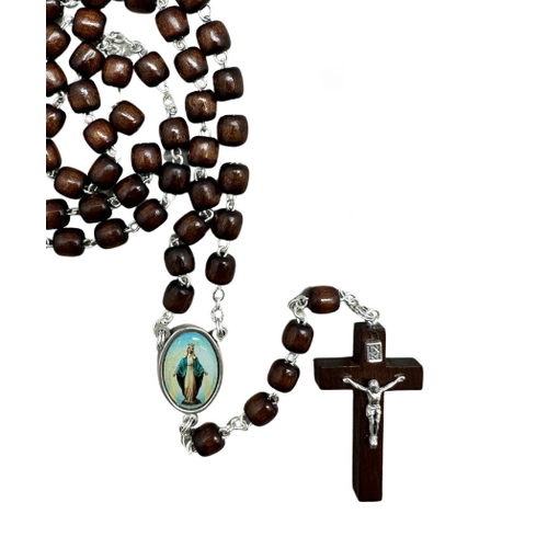ROSARY WOOD CYLINDER BEAD MIRACULOUS