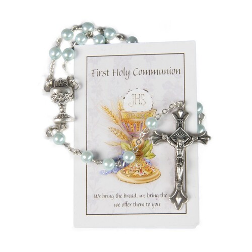 COMMUNION ROSARY PEARL BLUE WITH LEAFLET