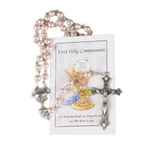 COMMUNION ROSARY PEARL PINK WITH LEAFLET