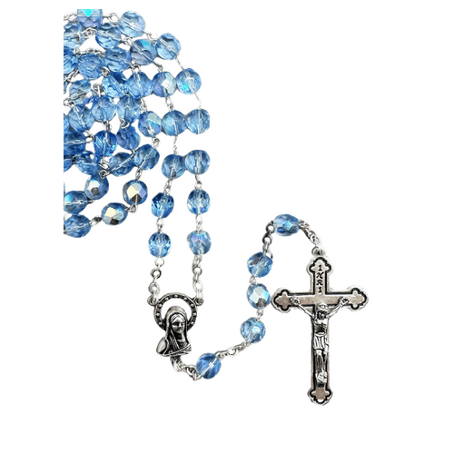 ROSARY WITH 7MM BLUE CRYSTAL BEADS