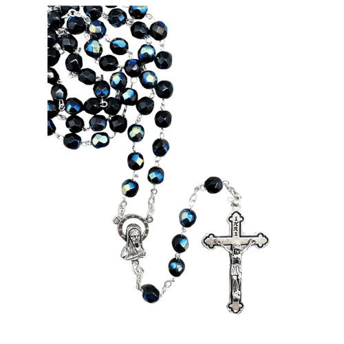 ROSARY WITH 7MM BLACK CRYSTAL BEADS