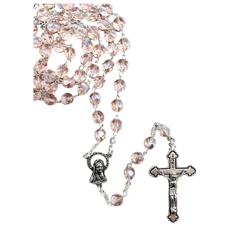 ROSARY WITH 7MM PINK CRYSTAL BEADS