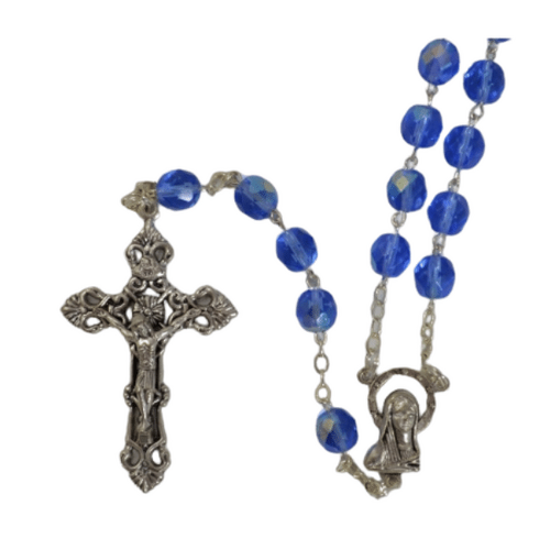 ROSARY WITH 8MM BLUE CRYSTAL BEADS