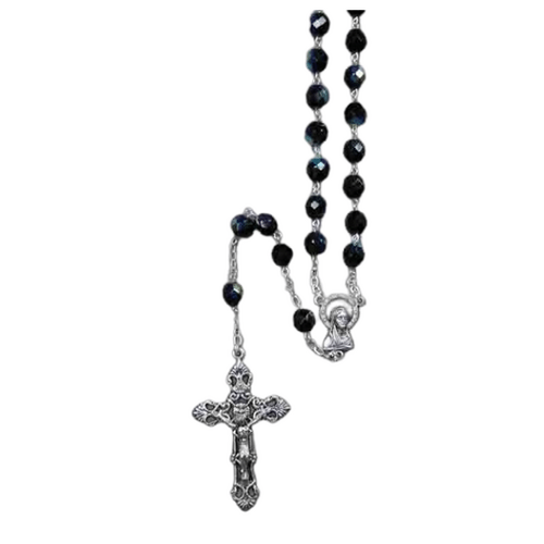 ROSARY WITH 8MM BLACK CRYSTAL BEADS