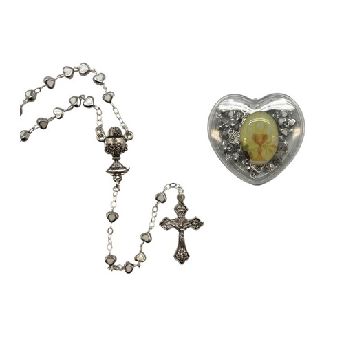 COMMUNION ROSARY HEART SHAPE GREY PEARL