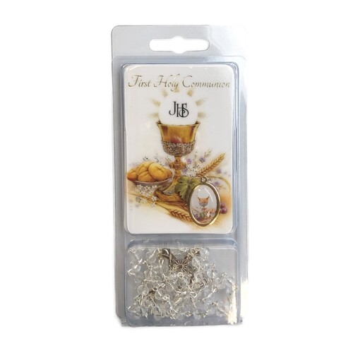 COMMUNION ROSARY & PRAYER CARD SET - CRYSTAL