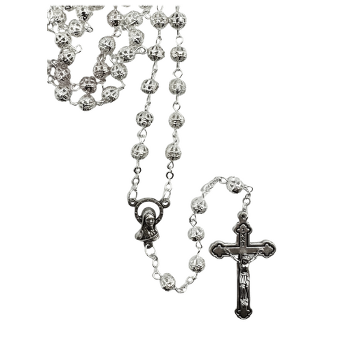 ROSARY WITH 8MM SILVER FILIGREE BEADS