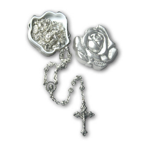 METAL ROSARY WITH ROSE BOX