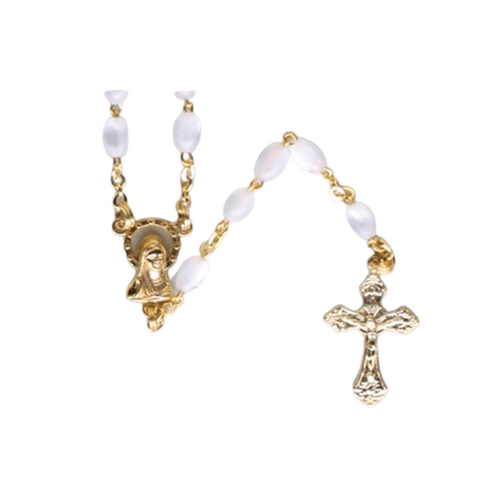 ROSARY WITH IMITATION PEARL BEADS AND GOLD CHAIN WHITE