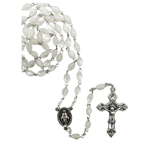 ROSARY WITH OVAL IMITATION MOTHER OF PEARL BEADS WHITE