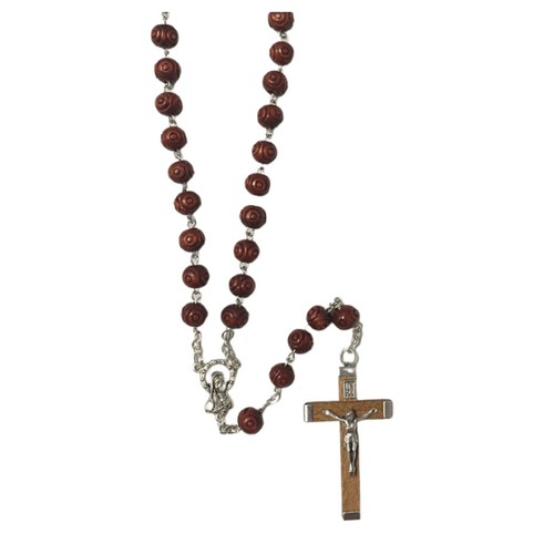 ROSARY BEADS CARVED WOOD BROWN BOXED