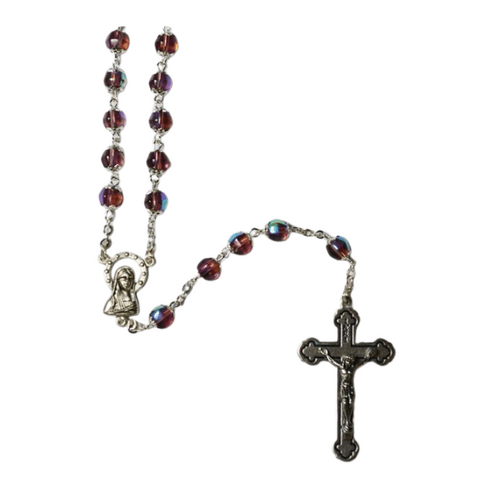 ROSARY WITH CRYSTAL SILVER TULIP CAPED BEADS AMETHYST 