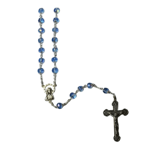 ROSARY WITH CRYSTAL SILVER TULIP CAPED BEADS BLUE