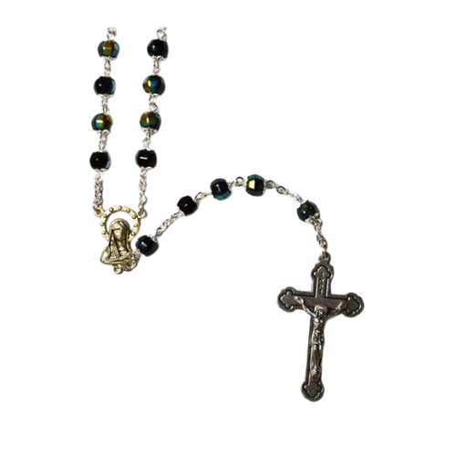 ROSARY WITH CRYSTAL SILVER TULIP CAPED BEADS BLACK