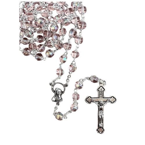 ROSARY WITH CRYSTAL SILVER TULIP CAPED BEADS PINK
