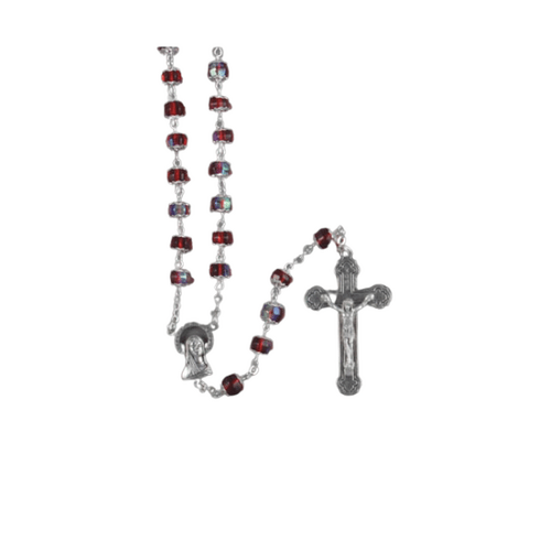 ROSARY WITH CRYSTAL SILVER TULIP CAPED BEADS RED