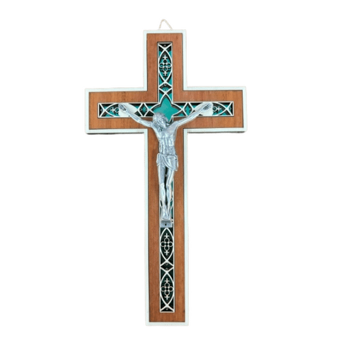 WALL CRUCIFIX WITH GEO DESIGN - 25CM DARK WOOD
