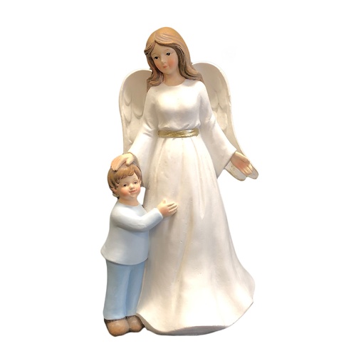 GUARDIAN ANGEL STATUE WITH BOY RESIN