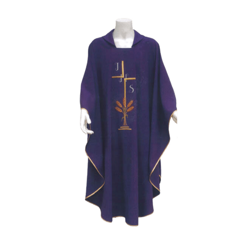 CHASUBLE AND STOLE CROSS / WHEAT IHS PURPLE